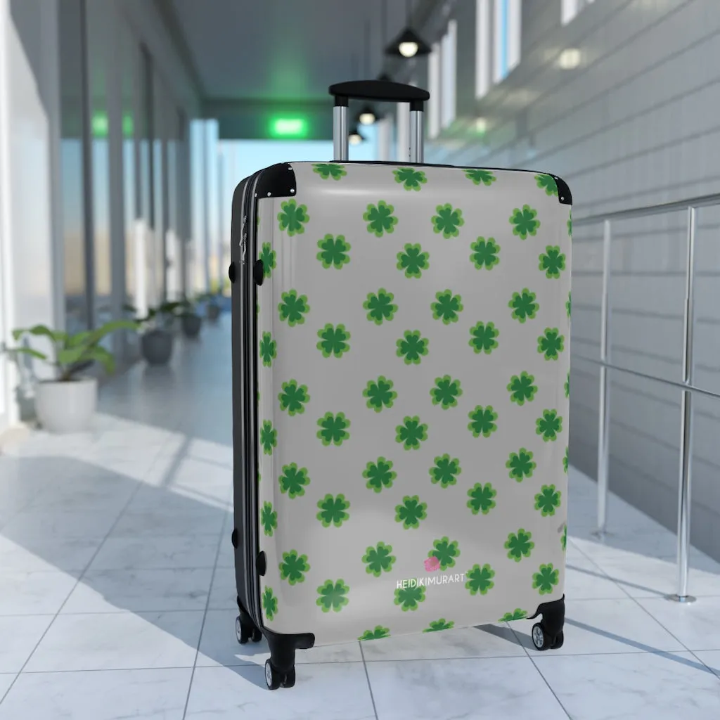 Light Gray Clover Print Suitcases, Irish Style St. Patrick's Day Designer Suitcase Luggage (Small, Medium, Large)