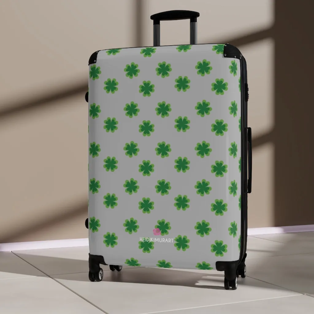 Light Gray Clover Print Suitcases, Irish Style St. Patrick's Day Designer Suitcase Luggage (Small, Medium, Large)