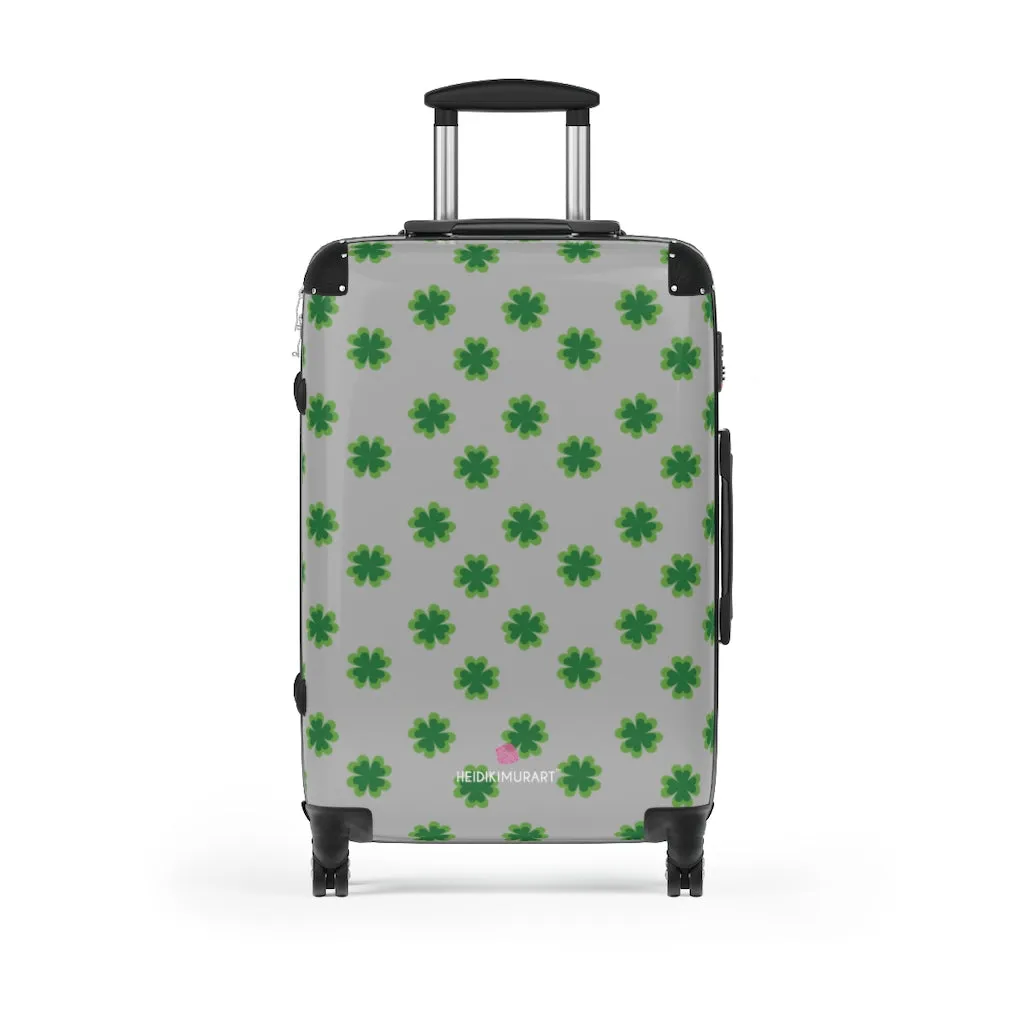 Light Gray Clover Print Suitcases, Irish Style St. Patrick's Day Designer Suitcase Luggage (Small, Medium, Large)