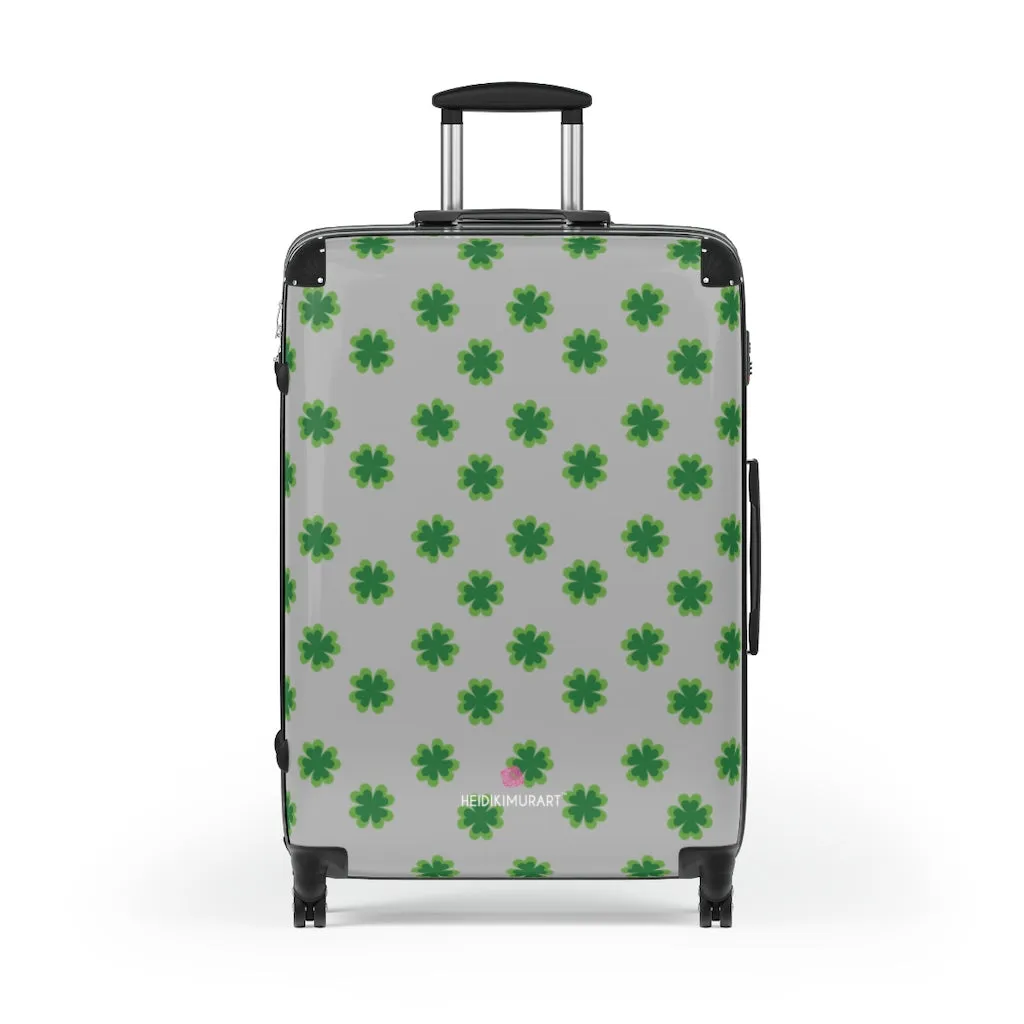 Light Gray Clover Print Suitcases, Irish Style St. Patrick's Day Designer Suitcase Luggage (Small, Medium, Large)