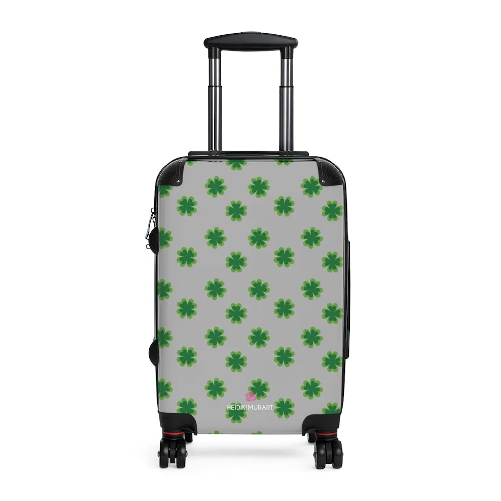 Light Gray Clover Print Suitcases, Irish Style St. Patrick's Day Designer Suitcase Luggage (Small, Medium, Large)