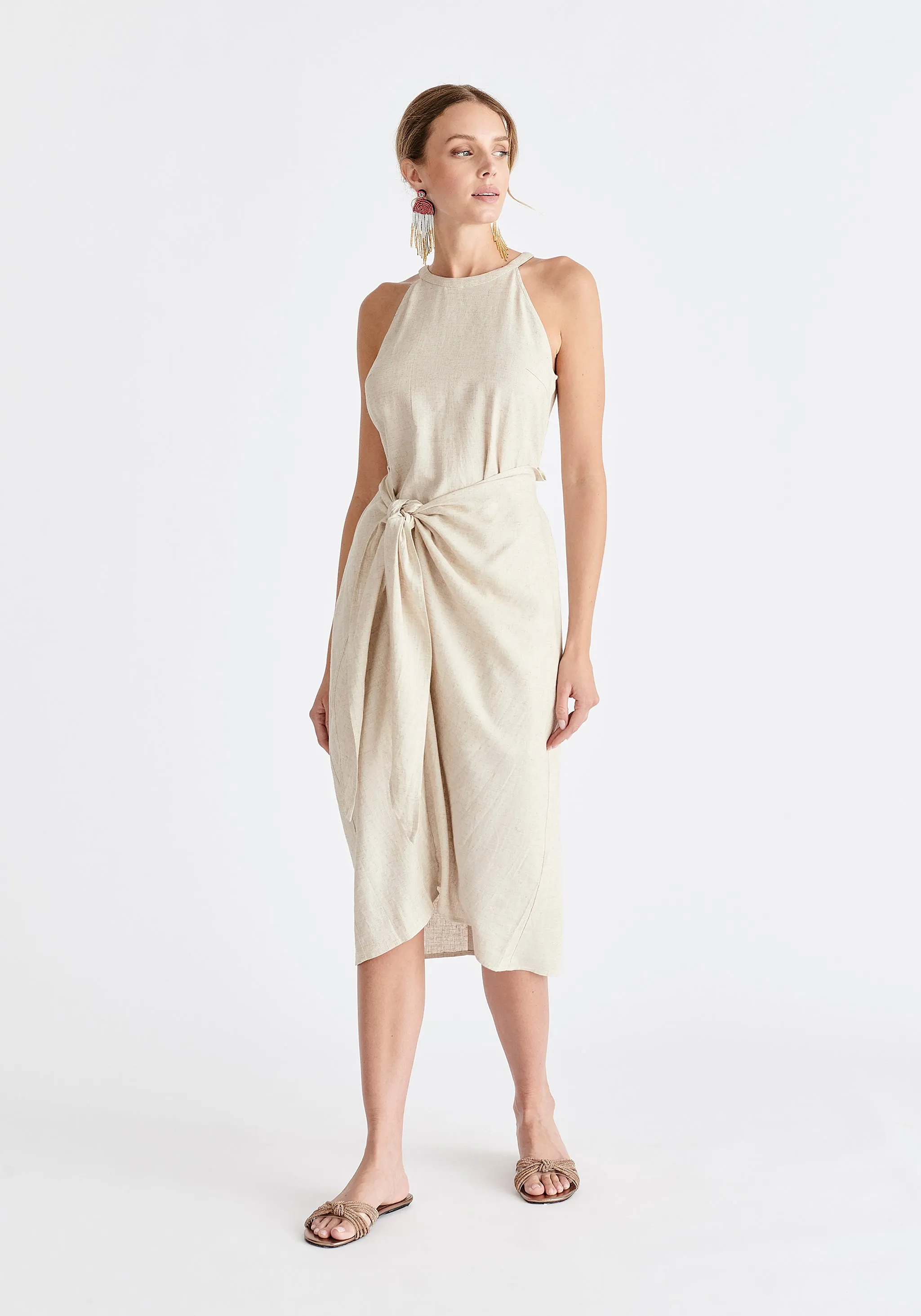 Linen Blend Waist Tie Dress