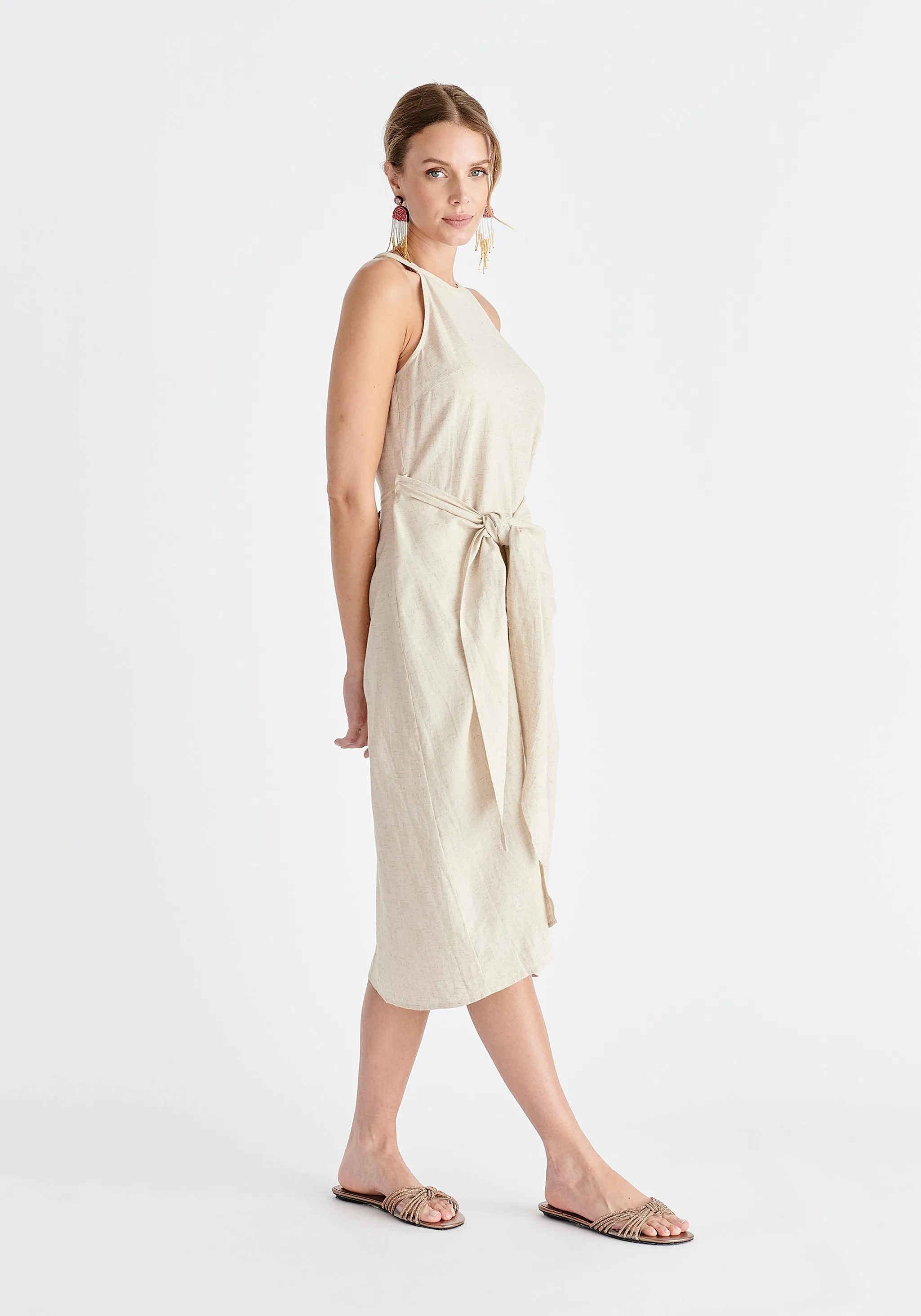 Linen Blend Waist Tie Dress