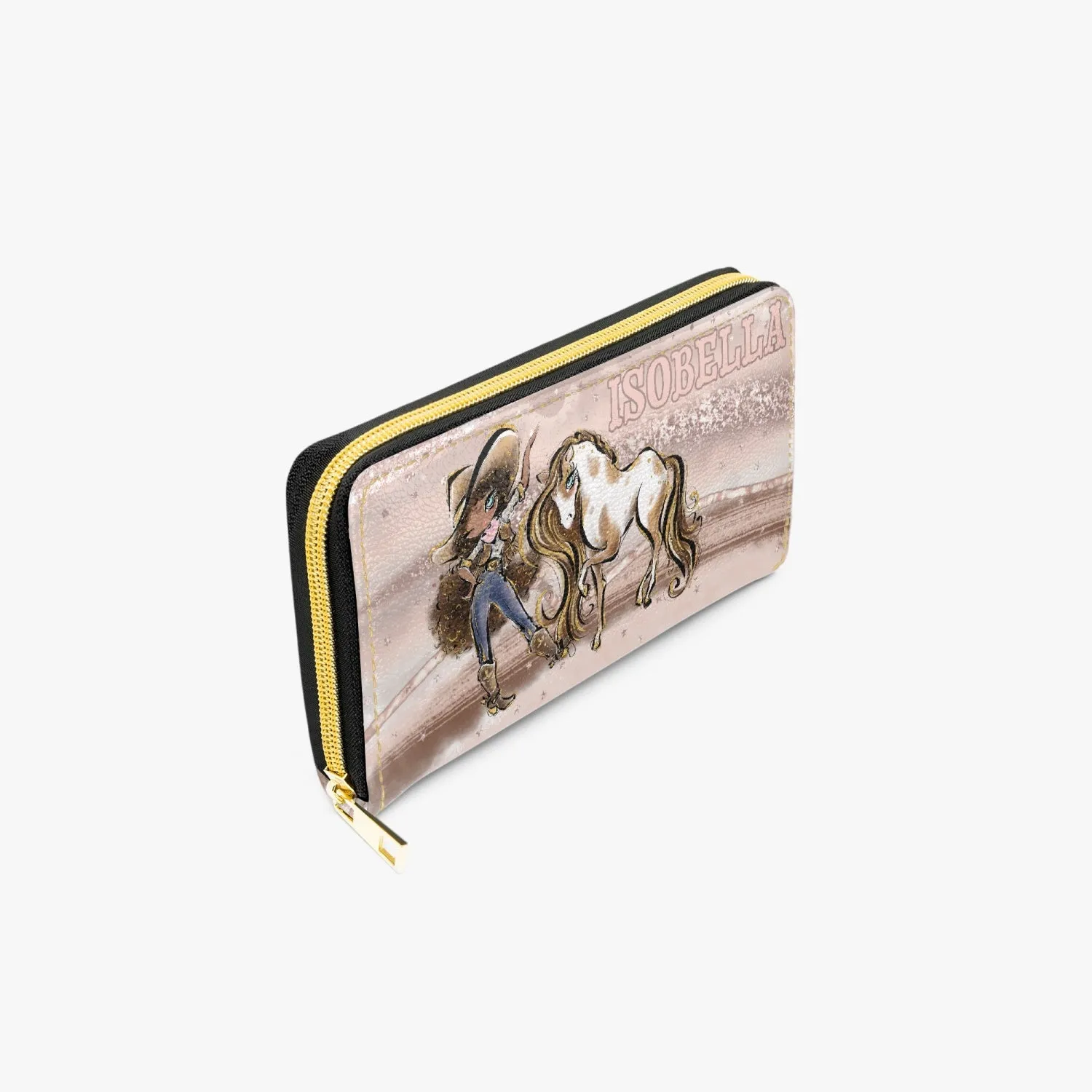 Long Type Zipper Purse, Howdy Cowgirl & Horse, Brunette Curly Hair Olive Skin Blue Eyes