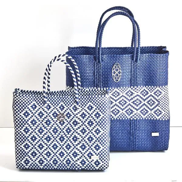 MEDIUM BLUE WHITE AZTEC BAND TOTE BAG