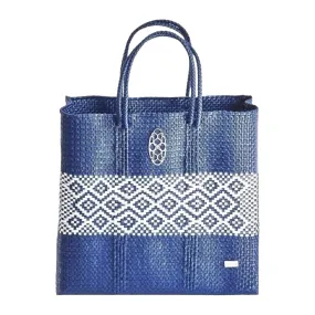 MEDIUM BLUE WHITE AZTEC BAND TOTE BAG