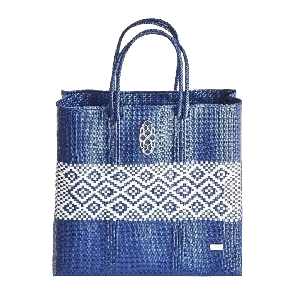 MEDIUM BLUE WHITE AZTEC BAND TOTE BAG