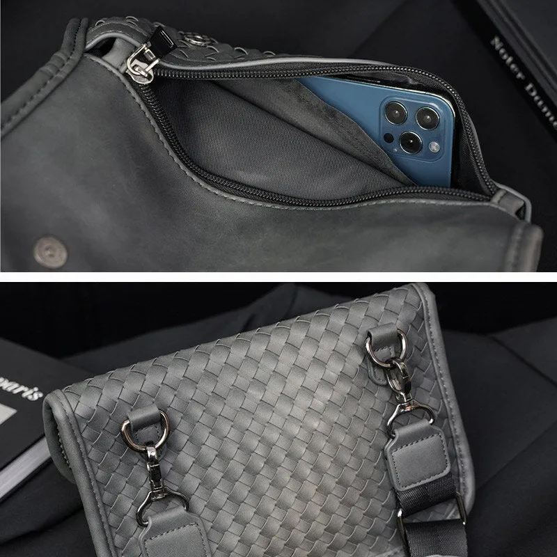 Men PU Leather Waterproof Large Capacity Woven Crossbody Shoulder Bag