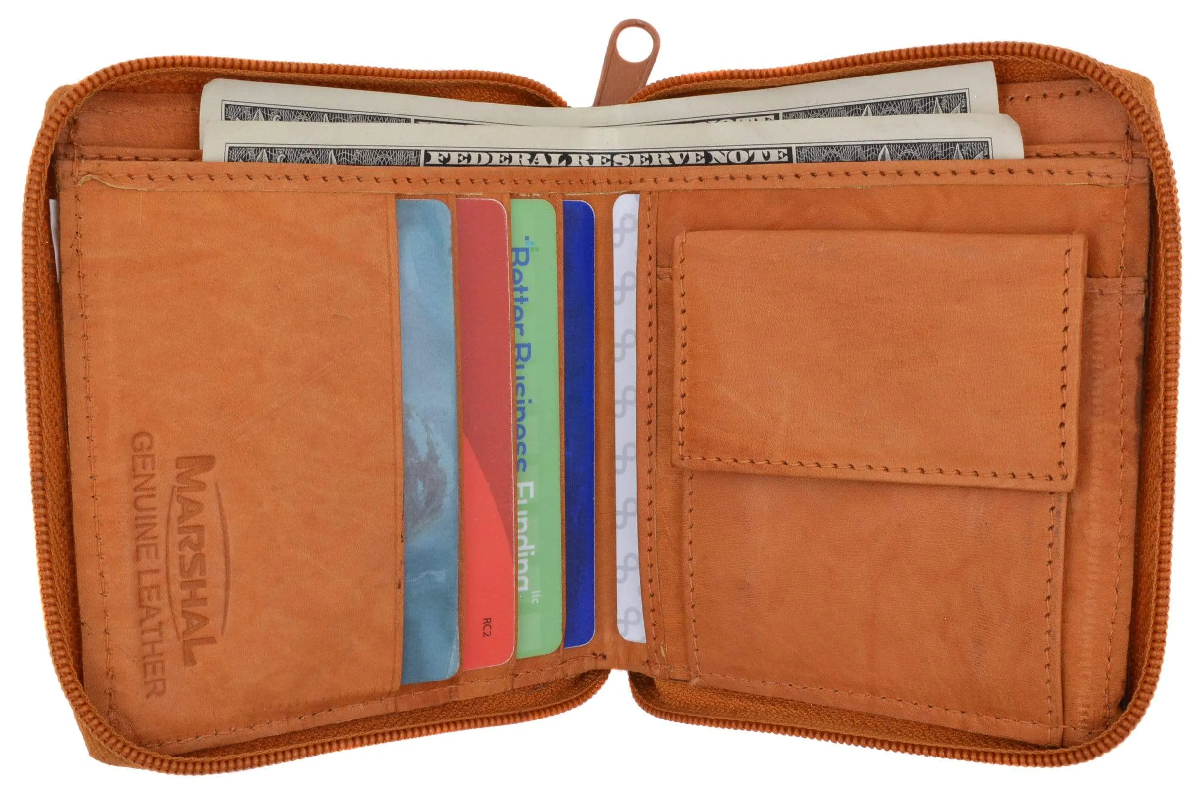 Mens Genuine Leather Zip Around Bifold Wallet with Snap Down Coin Purse 1356 CF