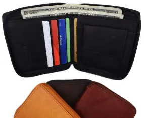 Mens Genuine Leather Zip Around Bifold Wallet with Snap Down Coin Purse 1356 CF