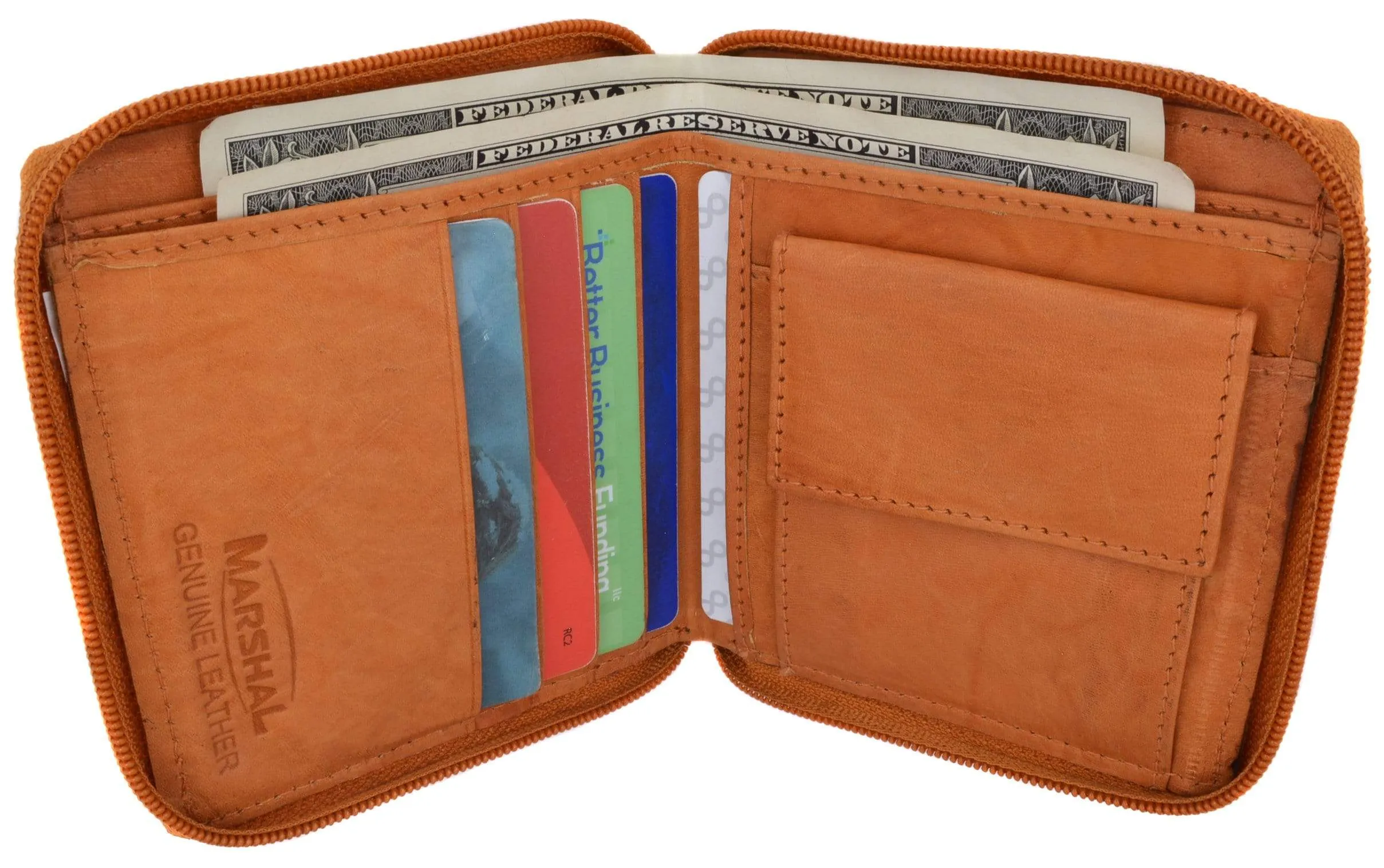 Mens Genuine Leather Zip Around Bifold Wallet with Snap Down Coin Purse 1356 CF