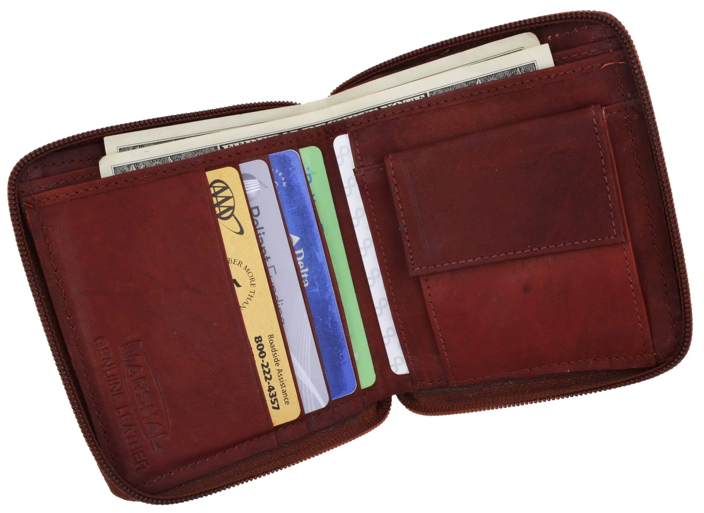 Mens Genuine Leather Zip Around Bifold Wallet with Snap Down Coin Purse 1356 CF