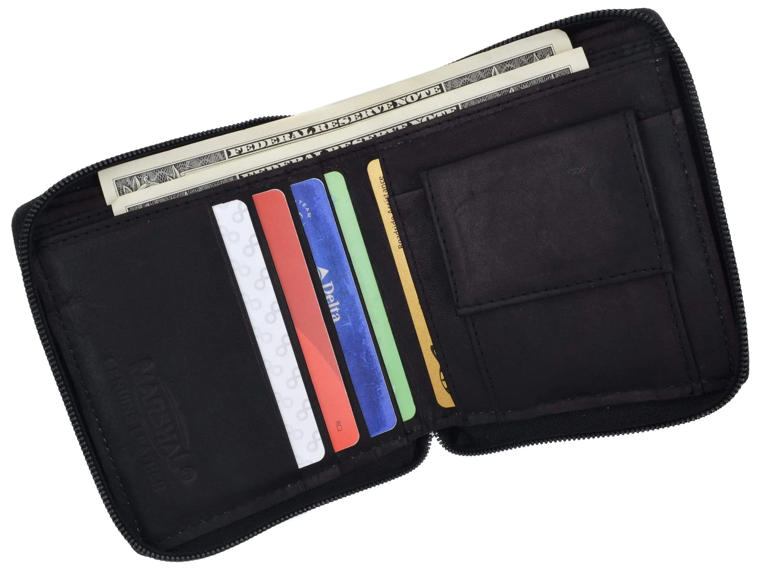 Mens Genuine Leather Zip Around Bifold Wallet with Snap Down Coin Purse 1356 CF