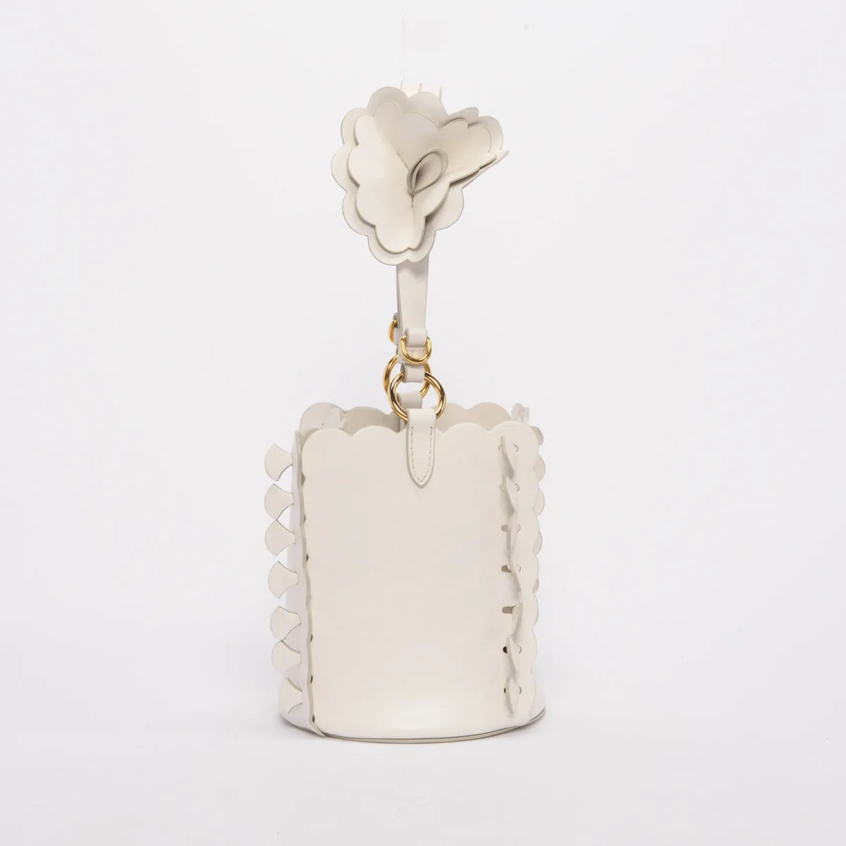 Miu Miu White Calfskin Flower Scalloped Bucket Bag