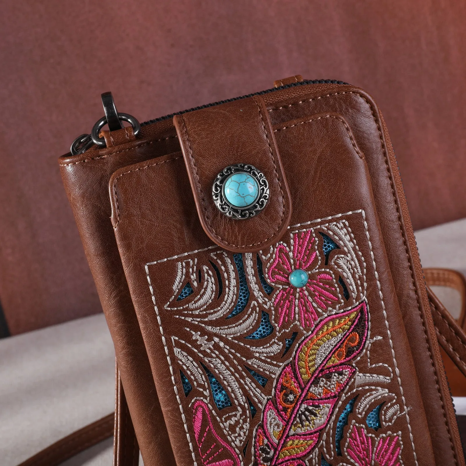 MW1244-183 Montana West Embroidered Floral Cut-out Collection Phone Wallet/Crossbody