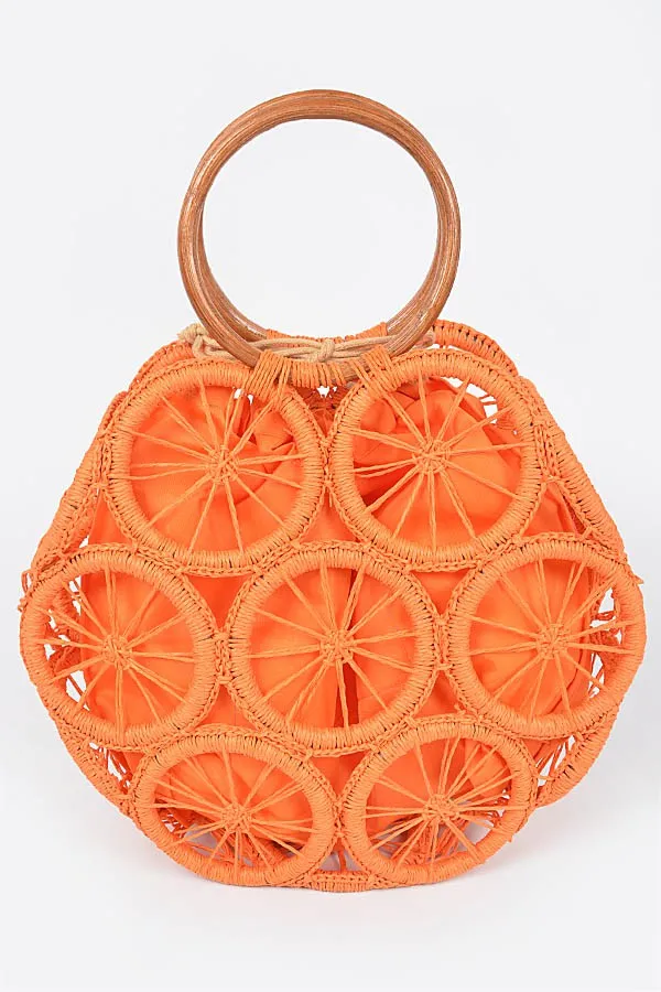 Orange Faux Straw Round Tote Bag