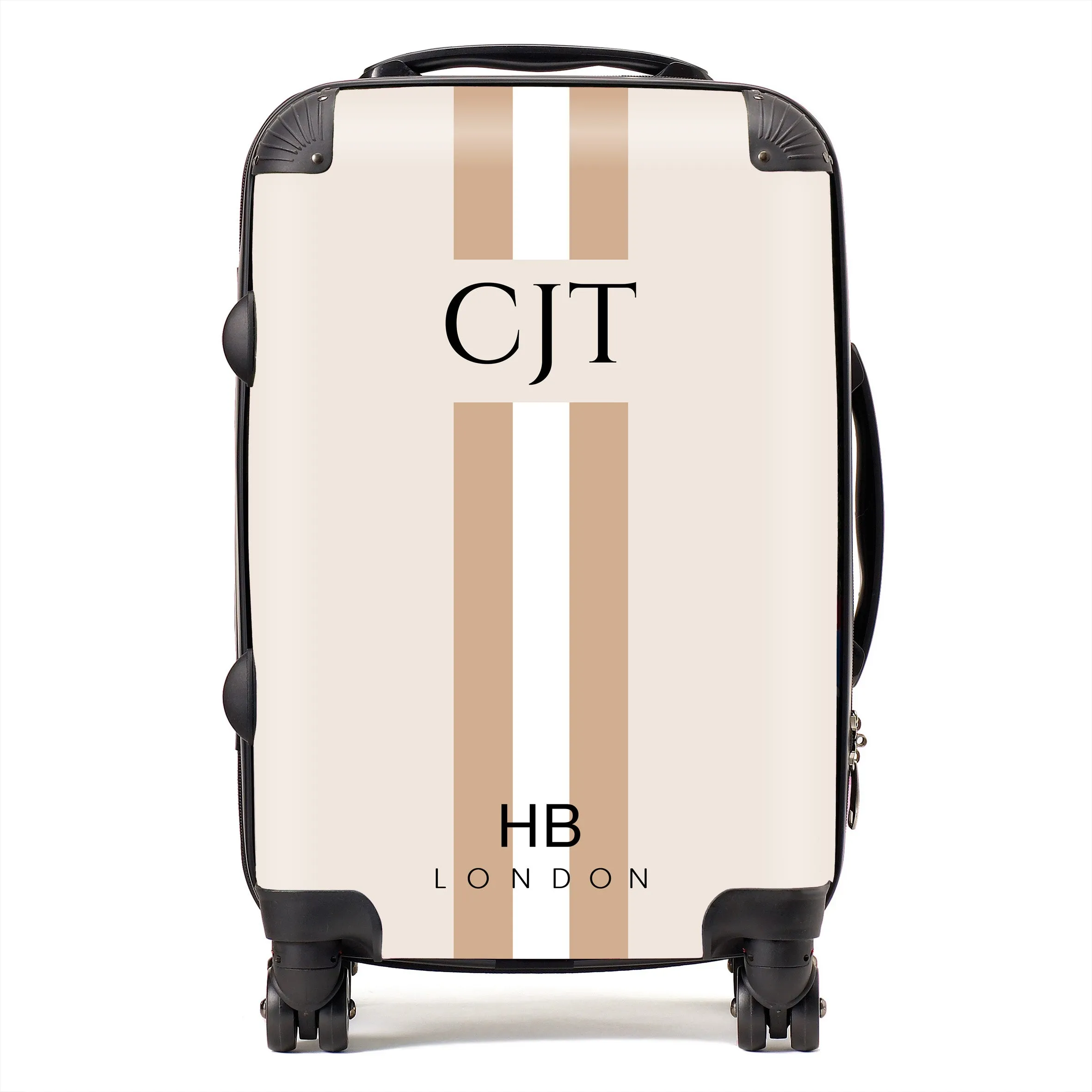 Personalised Beige, White and Nude Stripe with Black Font Initial Suitcase