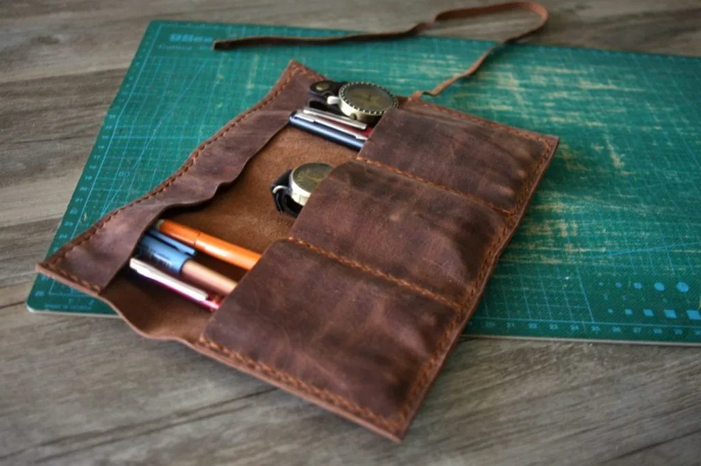 Personalized Leather Pen and Pencil Case Roll