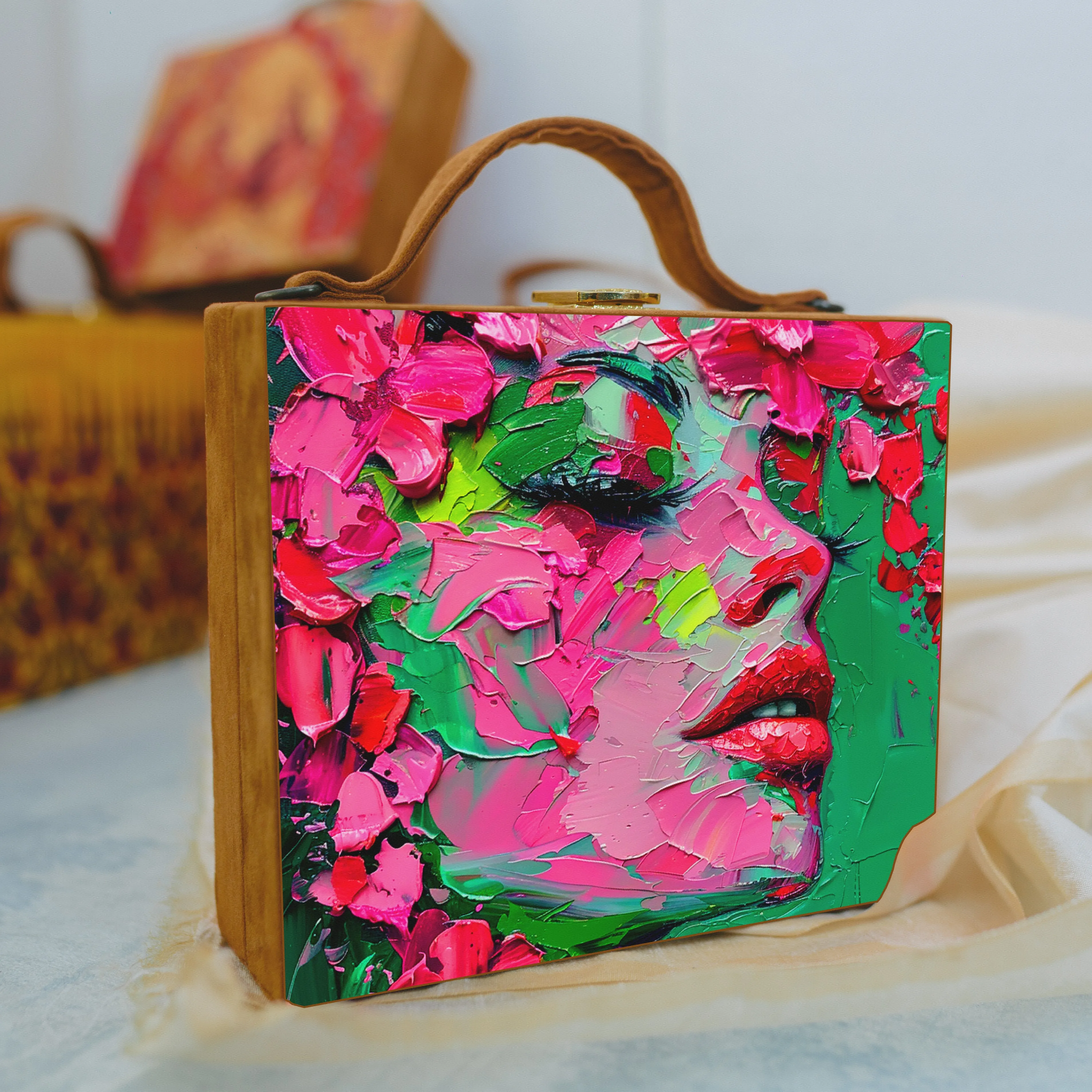 Pink And Green Portrait Printed Suitcase Style Clutch