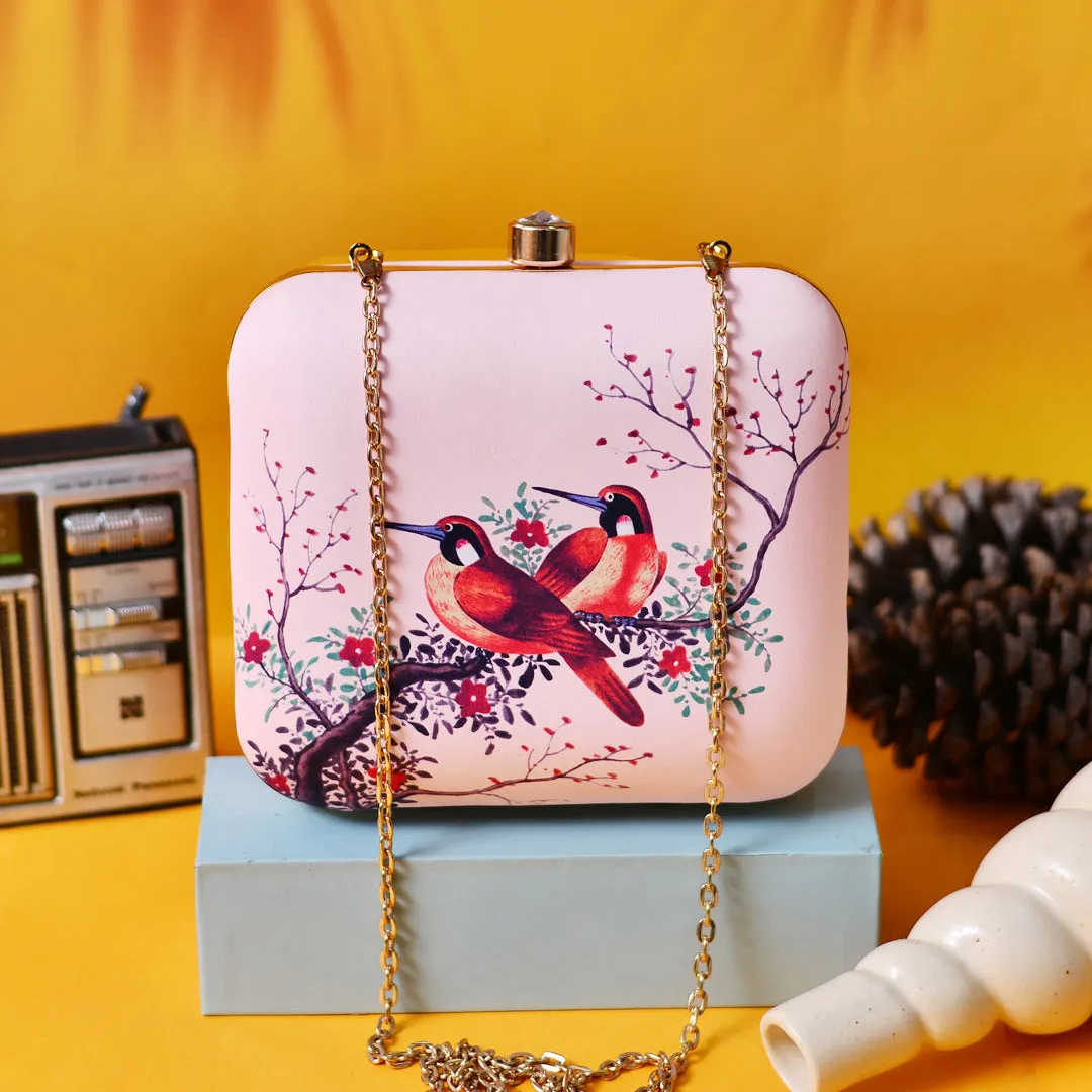 Pink Based Red Birds Printed Clutch