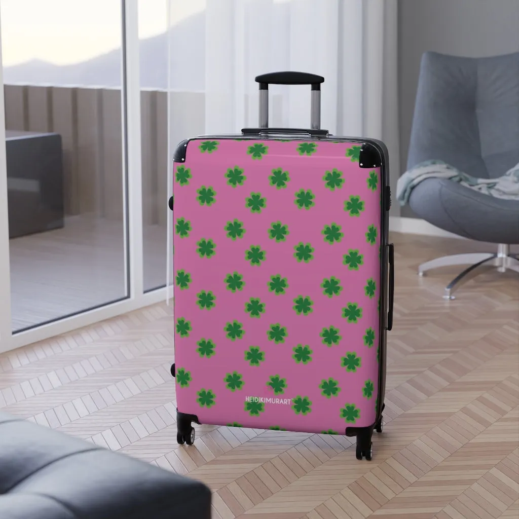 Pink Clover Print Suitcases, Irish Style St. Patrick's Day Designer Suitcase Luggage (Small, Medium, Large)