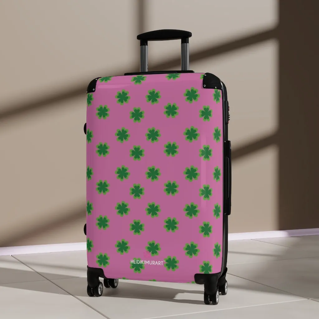 Pink Clover Print Suitcases, Irish Style St. Patrick's Day Designer Suitcase Luggage (Small, Medium, Large)