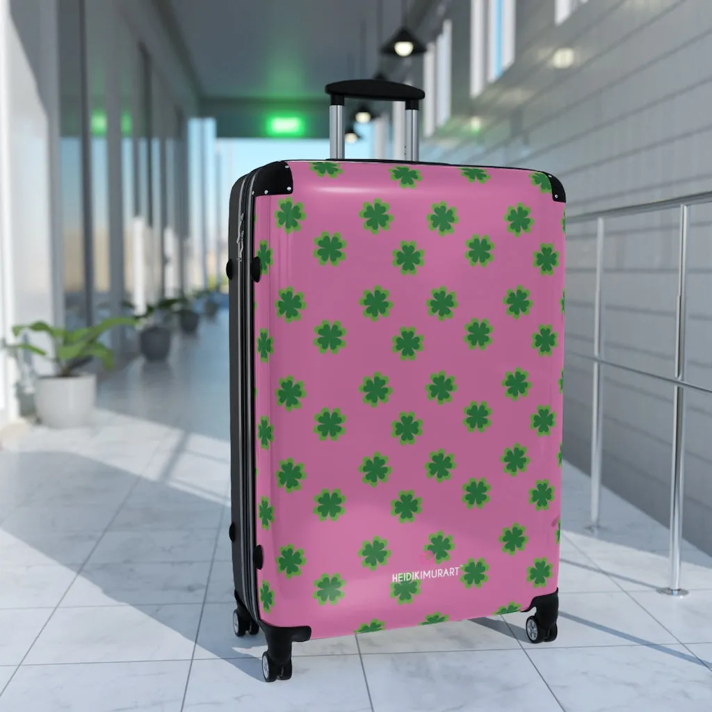 Pink Clover Print Suitcases, Irish Style St. Patrick's Day Designer Suitcase Luggage (Small, Medium, Large)