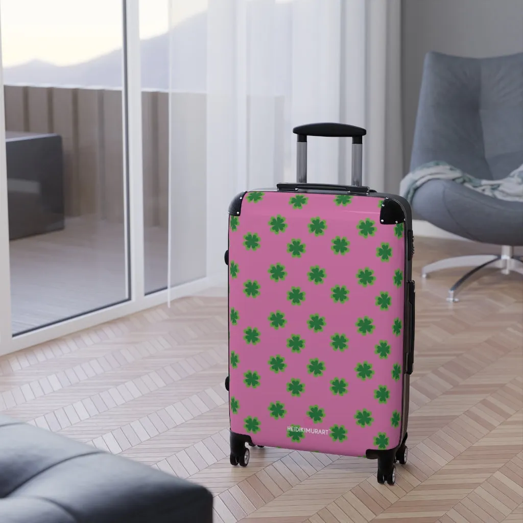 Pink Clover Print Suitcases, Irish Style St. Patrick's Day Designer Suitcase Luggage (Small, Medium, Large)