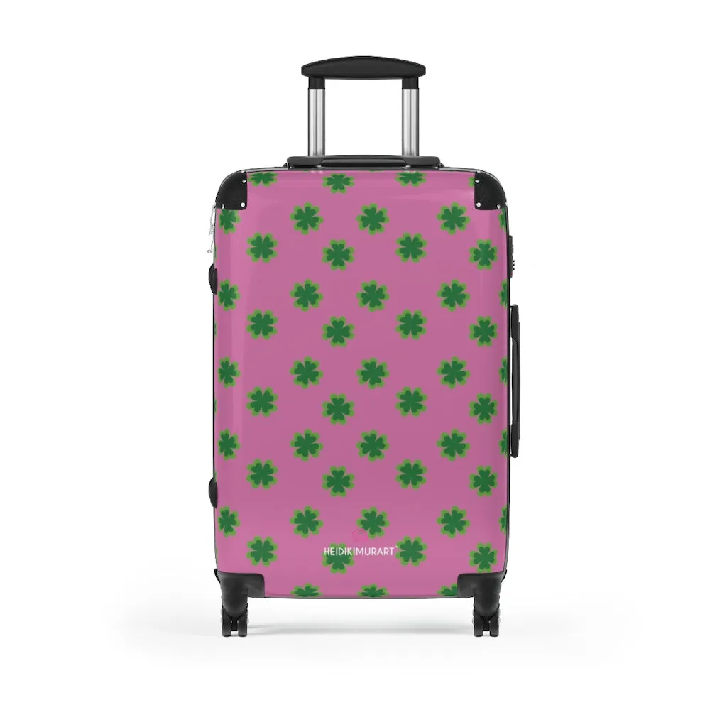 Pink Clover Print Suitcases, Irish Style St. Patrick's Day Designer Suitcase Luggage (Small, Medium, Large)