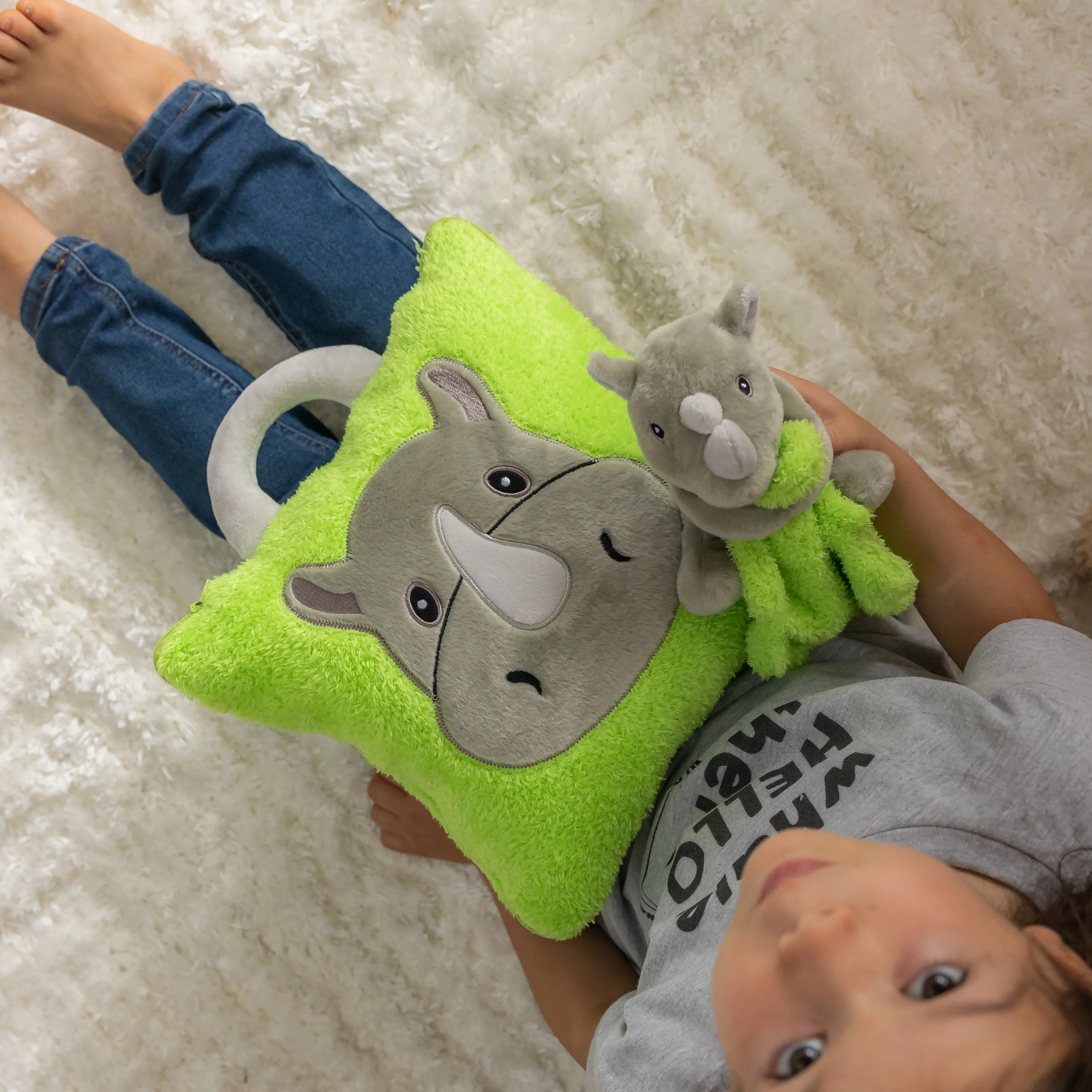 Plush Rhino case with attached blanket inside