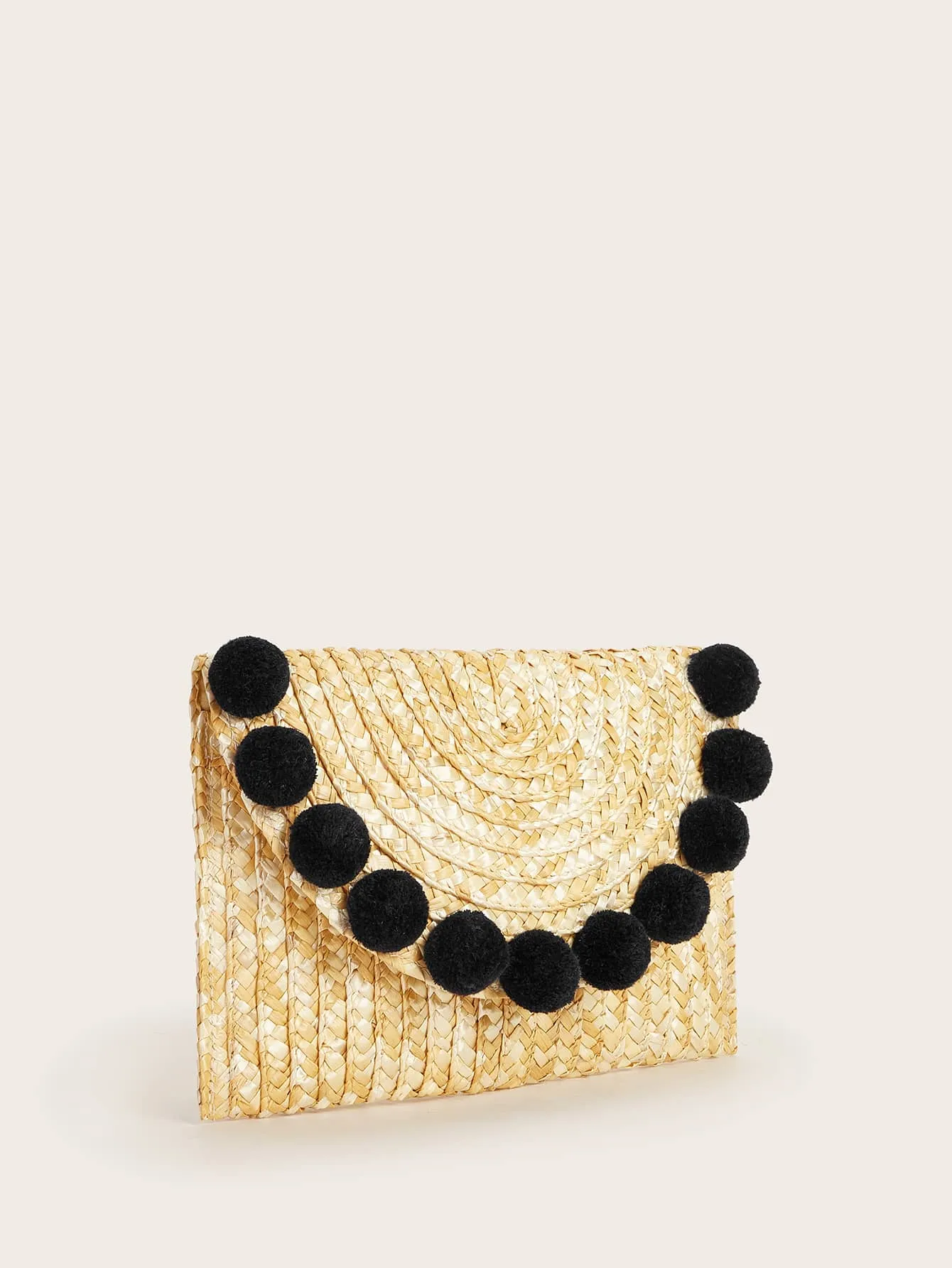 Pom Pom Decor Woven Clutch Bag