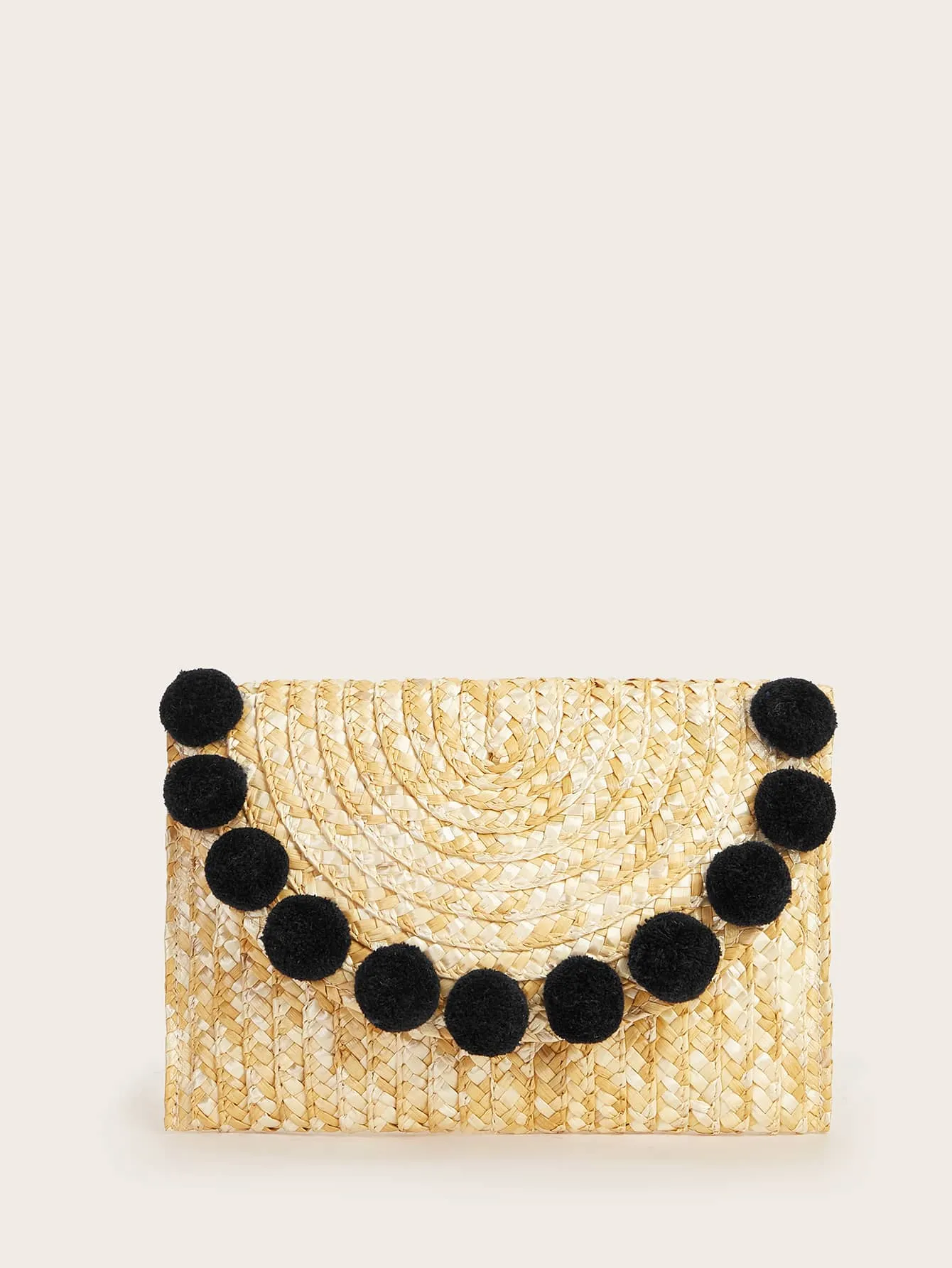 Pom Pom Decor Woven Clutch Bag