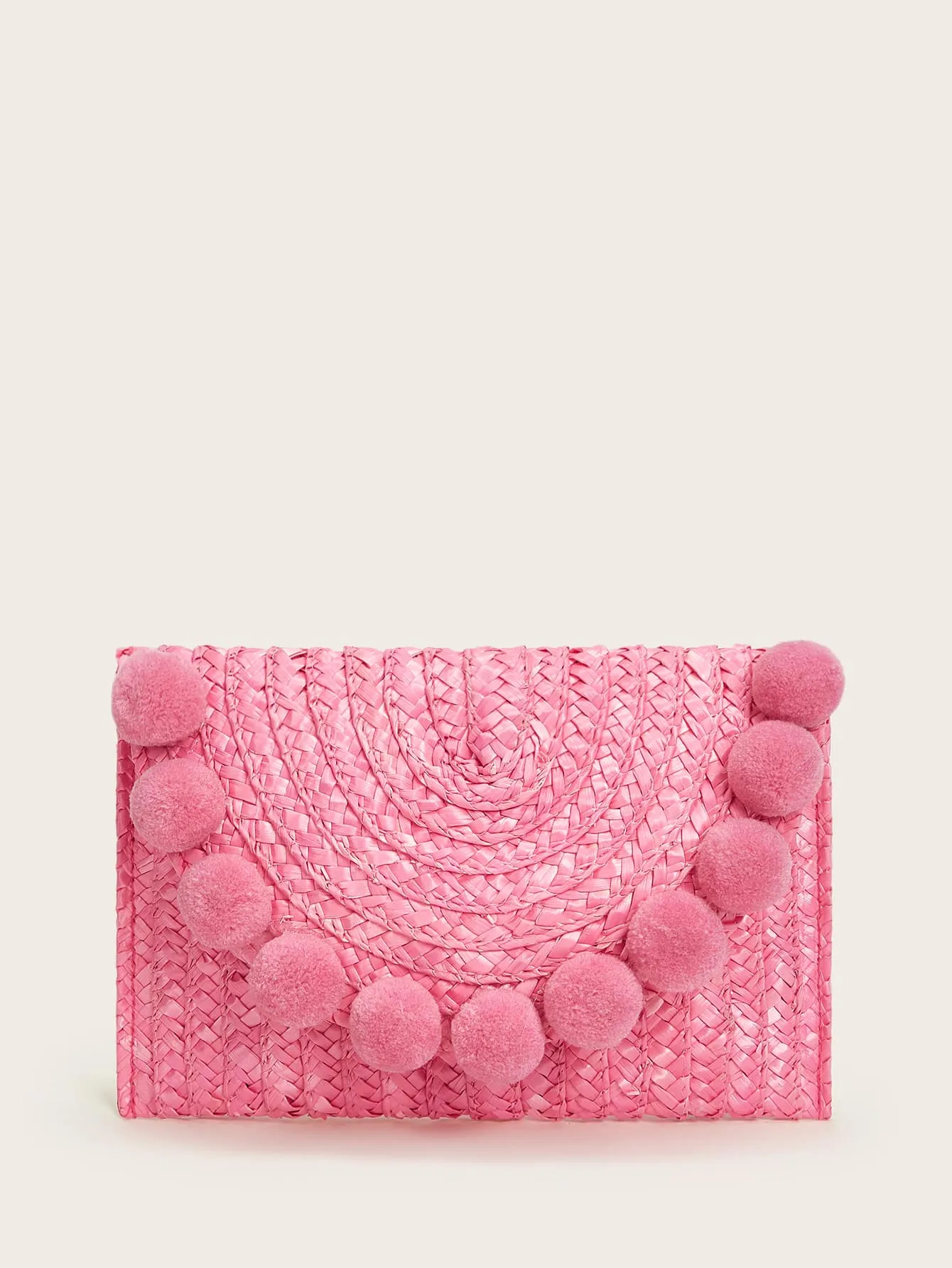 Pom Pom Decor Woven Clutch Bag