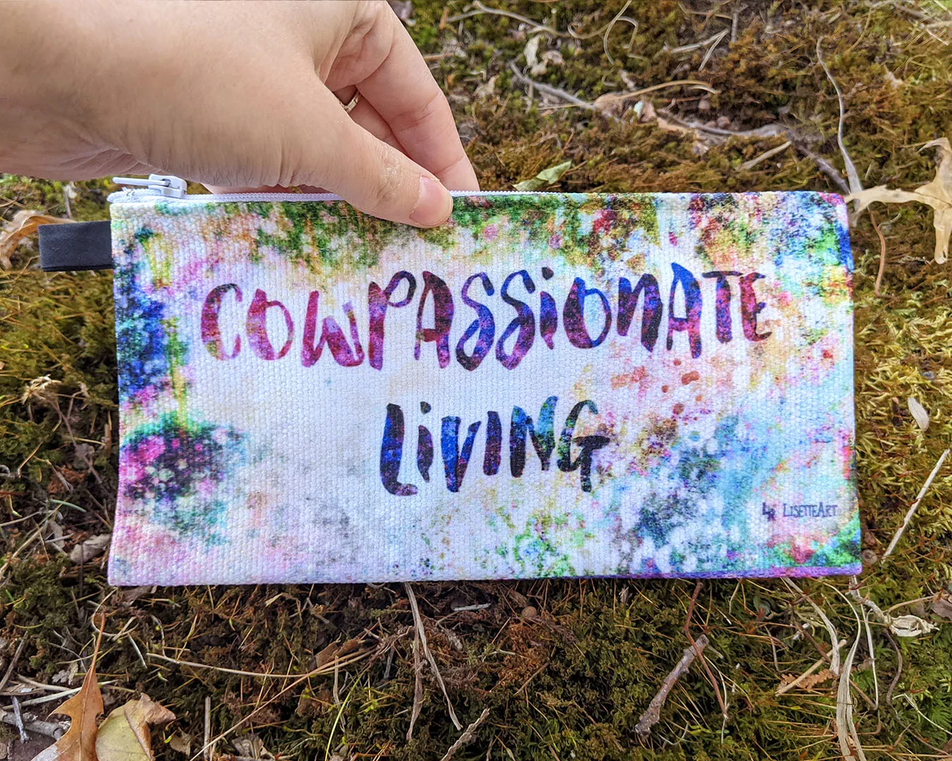 "Cowpassionate Living - Pink Cow Vintage Pop" Small Zipper Pouch - Pencil Case - Vegan Makeup Bag