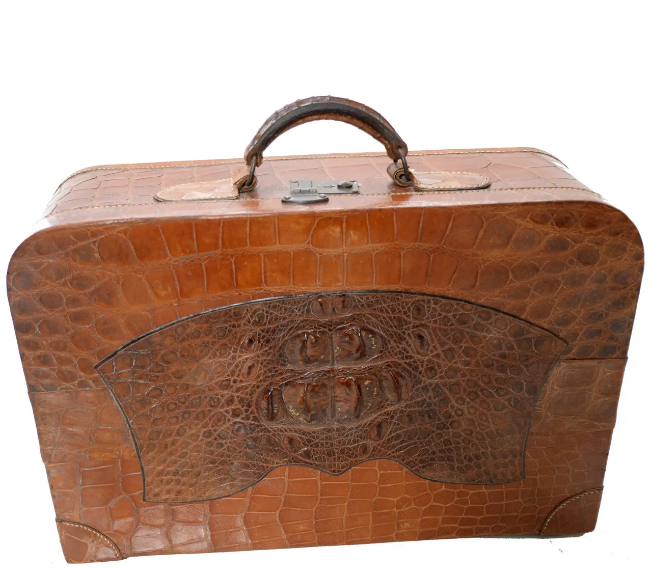 Rare Vintage 1940s Crocodile WWII reptile suitcase with key and satin lining