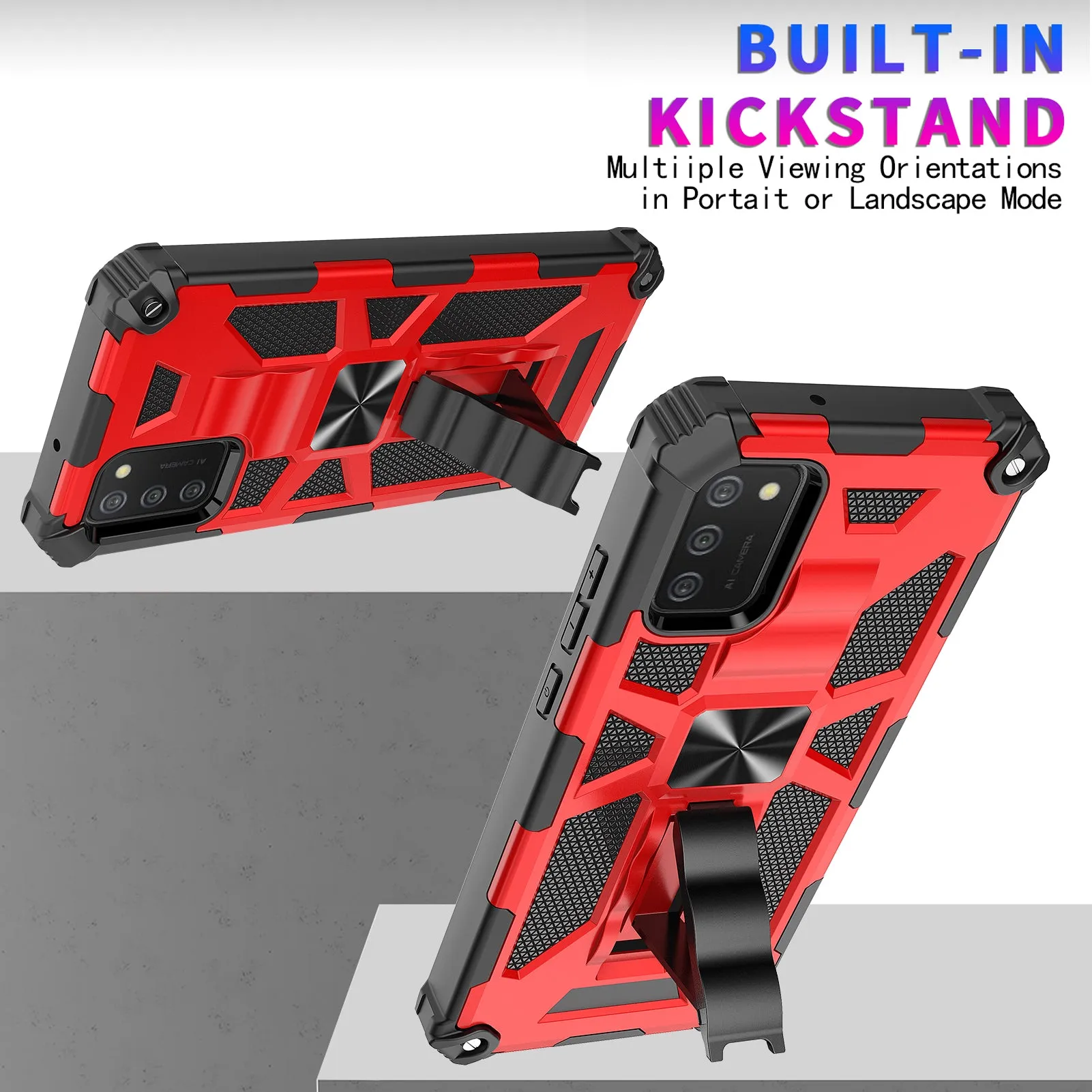 Samsung Galaxy A02s Case [Military Grade] Ring Car Mount Kickstand Hybrid Hard PC Soft TPU Shockproof Protective Case - Red