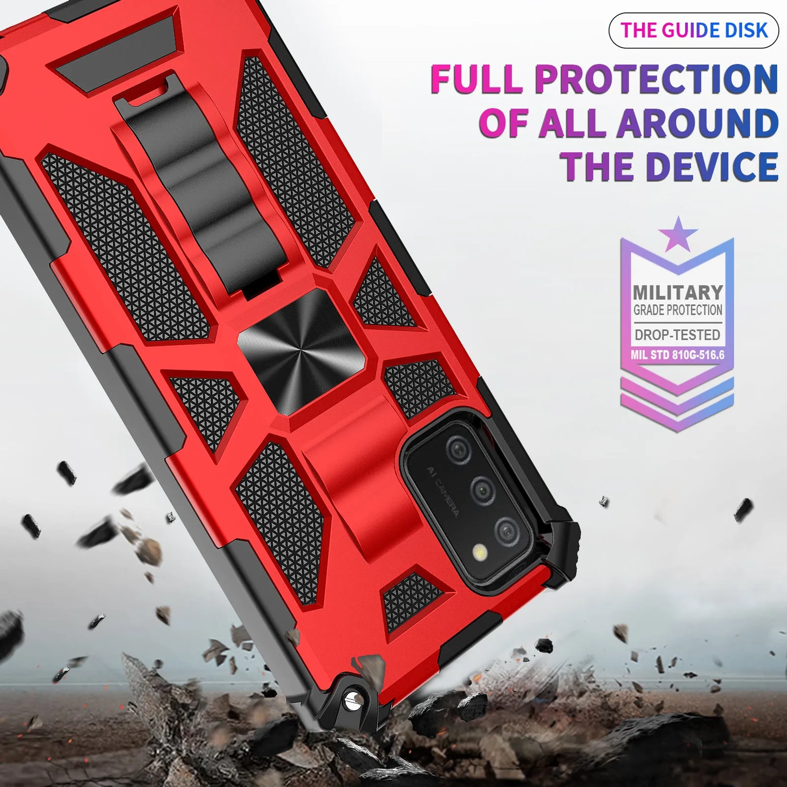 Samsung Galaxy A02s Case [Military Grade] Ring Car Mount Kickstand Hybrid Hard PC Soft TPU Shockproof Protective Case - Red