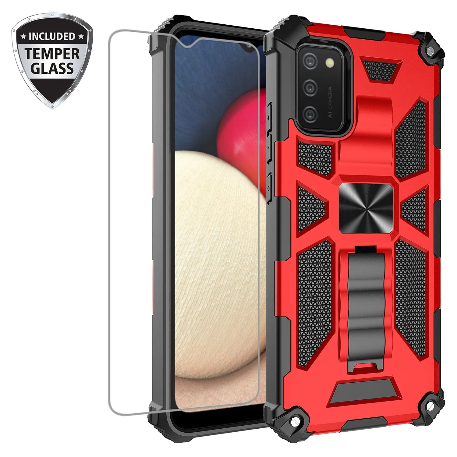 Samsung Galaxy A02s Case [Military Grade] Ring Car Mount Kickstand Hybrid Hard PC Soft TPU Shockproof Protective Case - Red