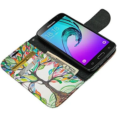 Samsung Galaxy J3 Case, J3V Case | Galaxy Express Prime Case | Galaxy Sky Case | Amp Prime Case | Galaxy Sol Wrist Strap Pu Leather Magnetic Fold Wallet Case with ID & Card Slots - Vibrant Tree