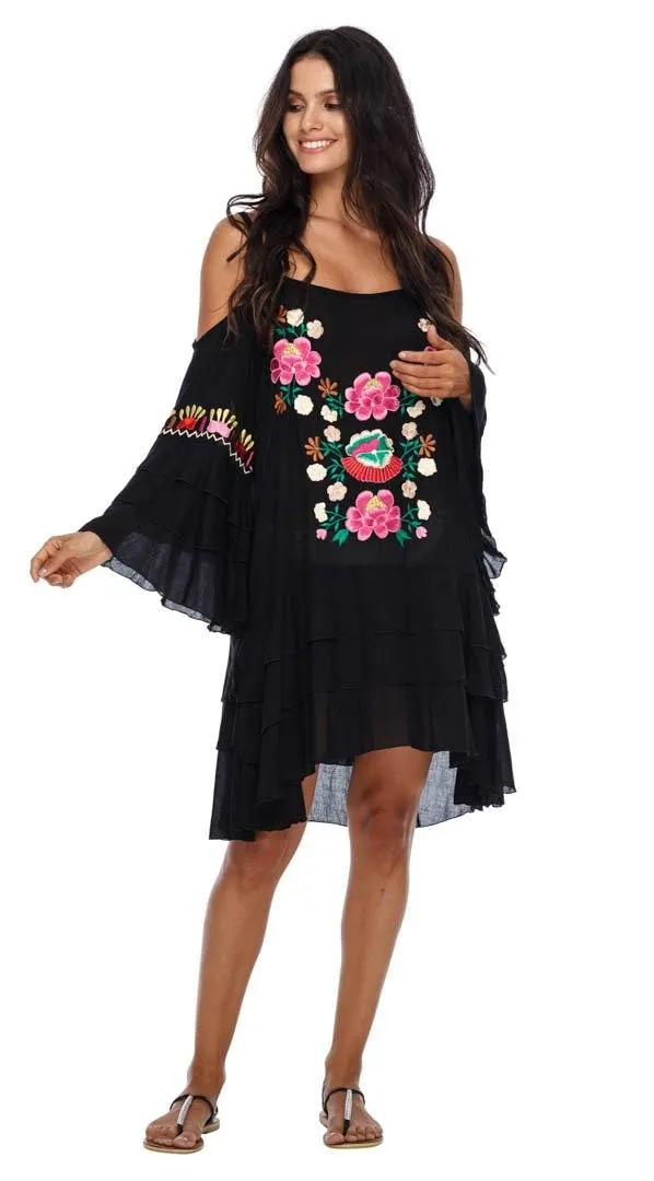 SHU-SHI Women's Bohemian Cold Shoulder Embroidered Tunic Dress - Casual Bell Sleeve Swimsuit Cover Up Short Dress