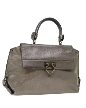 Silver Leather Gancini Hand Bag by Salvatore Ferragamo