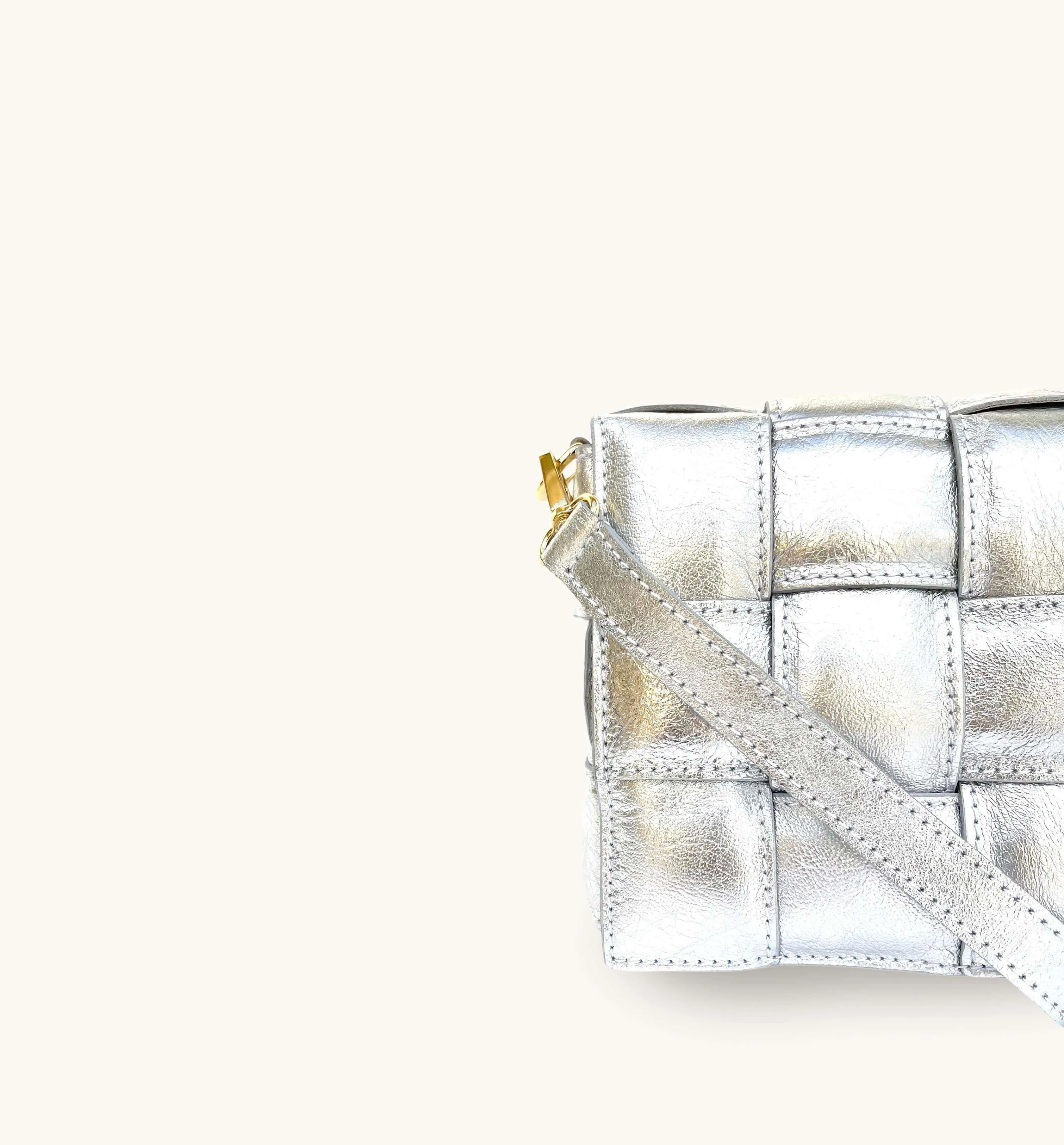 Silver Padded Woven Leather Crossbody Bag With Gold Chain Strap