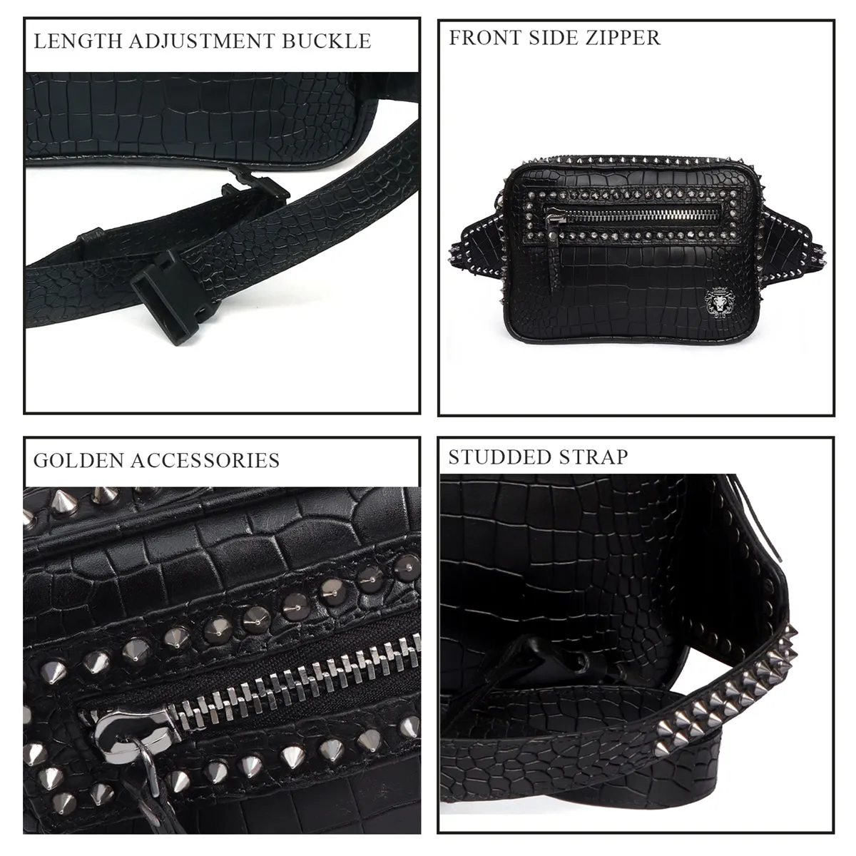 Sliver Stud Waist fanny Pack Bag In Black Croco Texture Leather