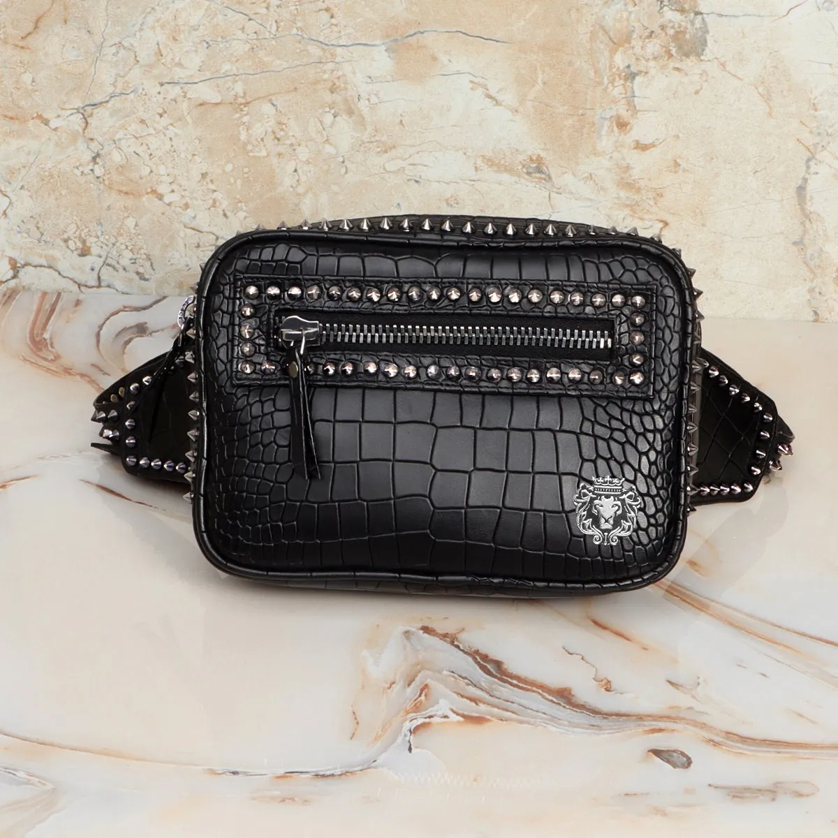 Sliver Stud Waist fanny Pack Bag In Black Croco Texture Leather