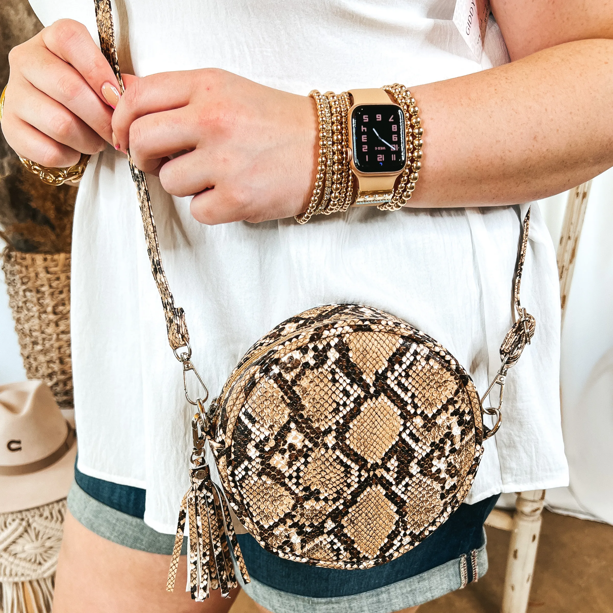 Snake Skin Print Round Multi Use Bag in Brown