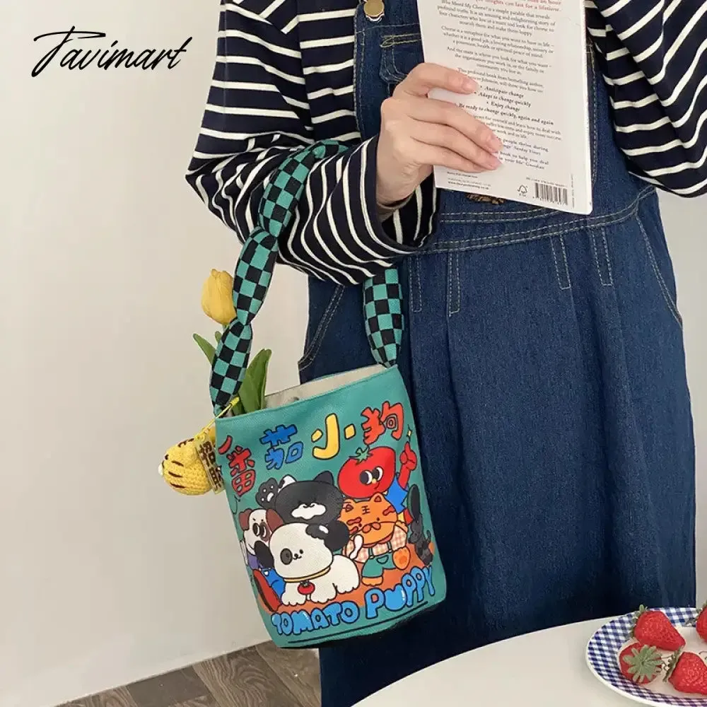 Tavimart Women Cotton Bucket Shaped Shoulder Bag Magnetic Buckle Tote Female Animal Cartoon Pattern Hand Carry Canvas Bags