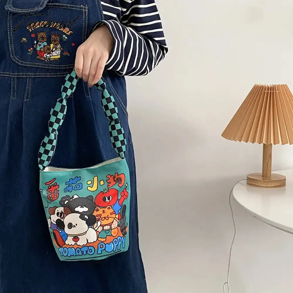 Tavimart Women Cotton Bucket Shaped Shoulder Bag Magnetic Buckle Tote Female Animal Cartoon Pattern Hand Carry Canvas Bags