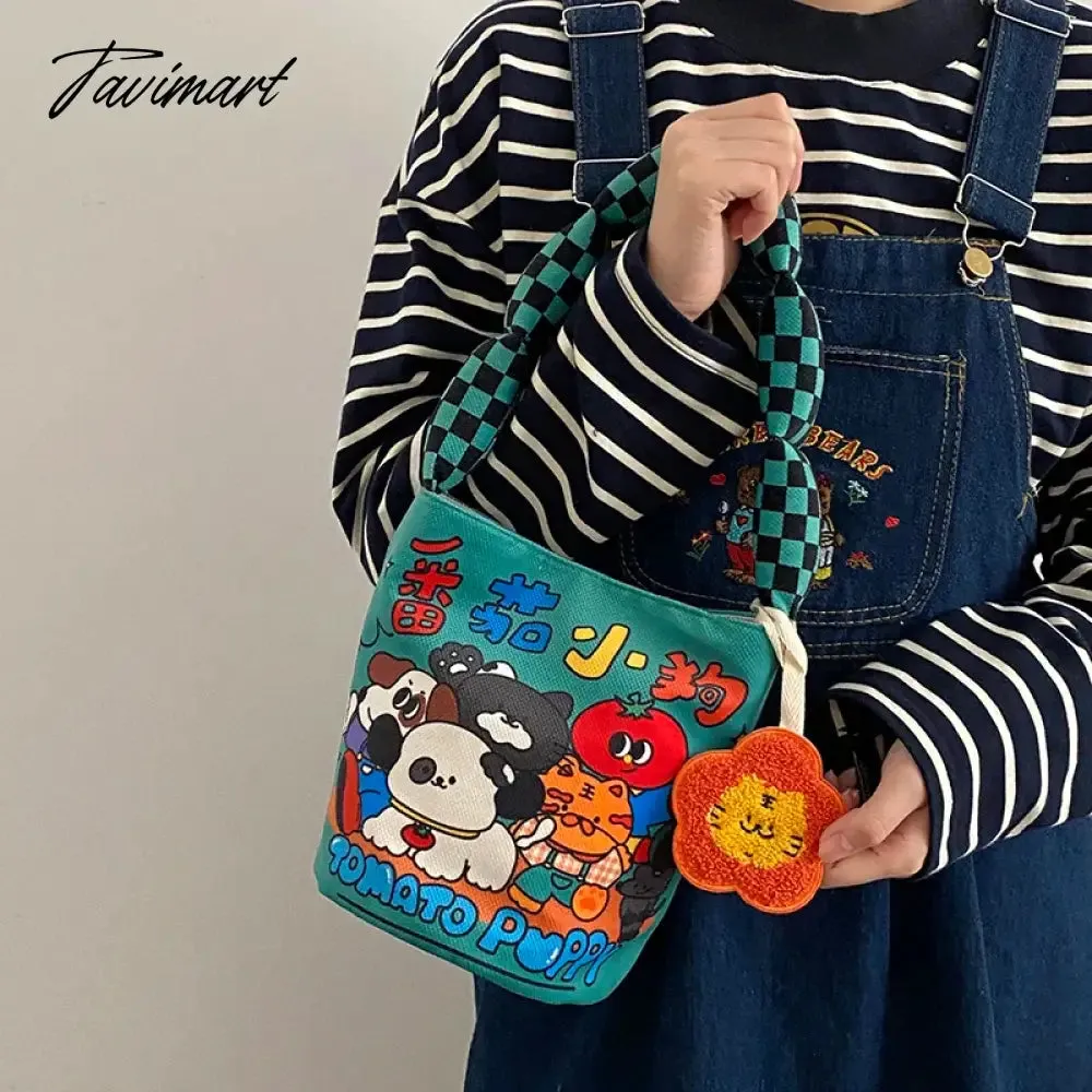 Tavimart Women Cotton Bucket Shaped Shoulder Bag Magnetic Buckle Tote Female Animal Cartoon Pattern Hand Carry Canvas Bags