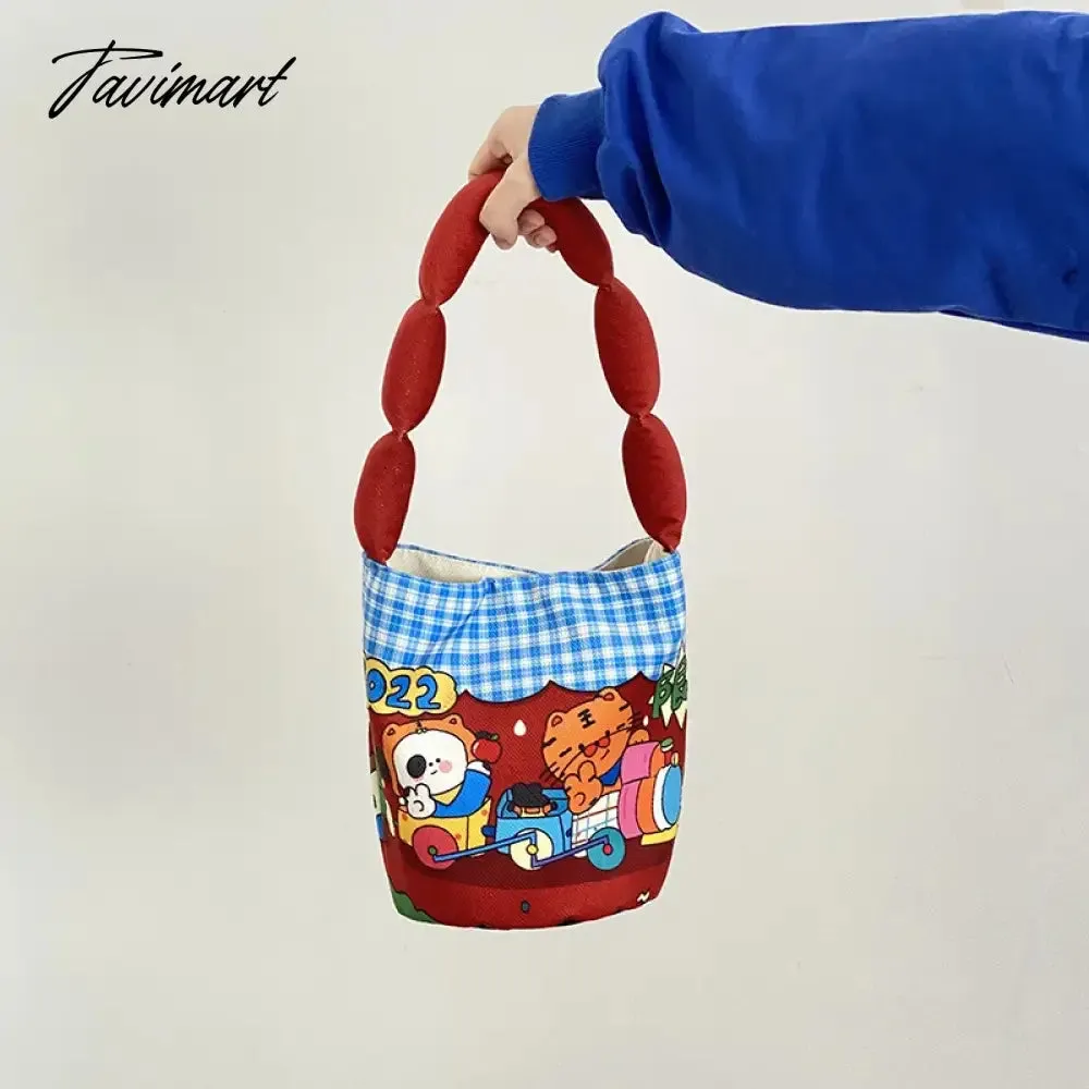 Tavimart Women Cotton Bucket Shaped Shoulder Bag Magnetic Buckle Tote Female Animal Cartoon Pattern Hand Carry Canvas Bags