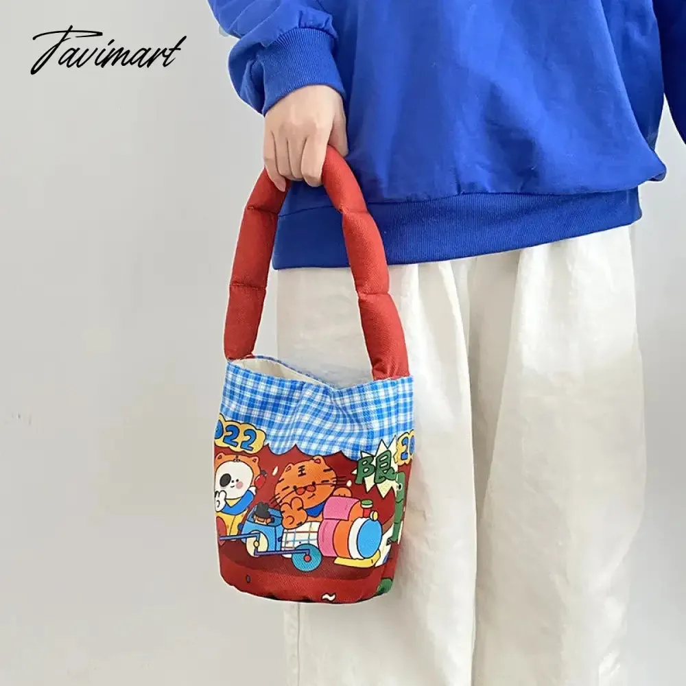 Tavimart Women Cotton Bucket Shaped Shoulder Bag Magnetic Buckle Tote Female Animal Cartoon Pattern Hand Carry Canvas Bags